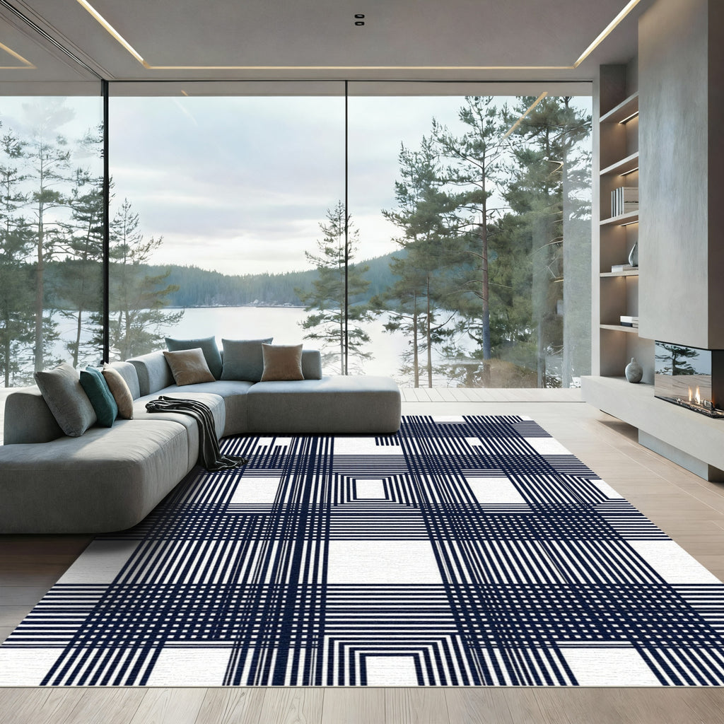 Deep Navy White Geometric Grid Rug