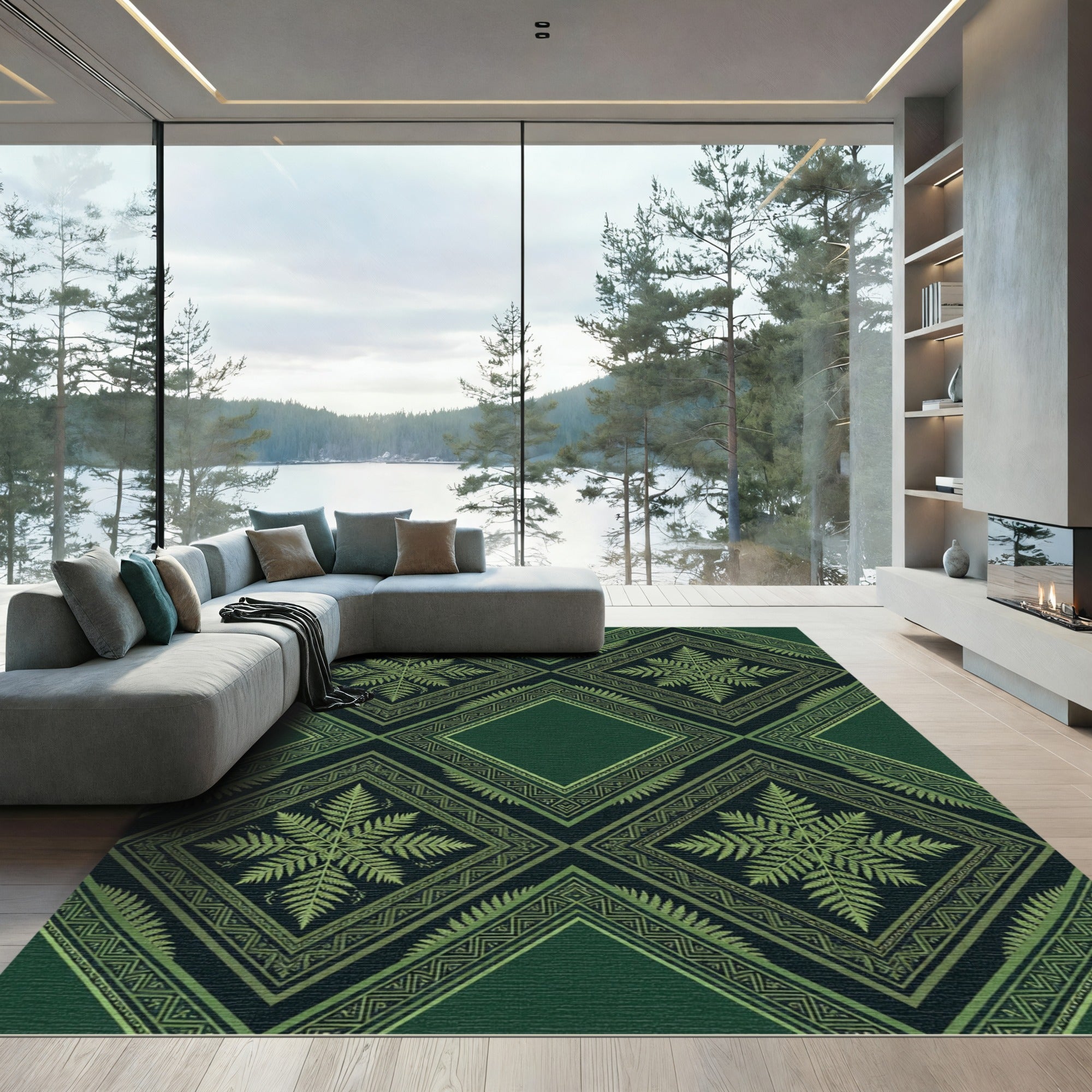 Emerald Fern Botanical Geometric Diamond Rug