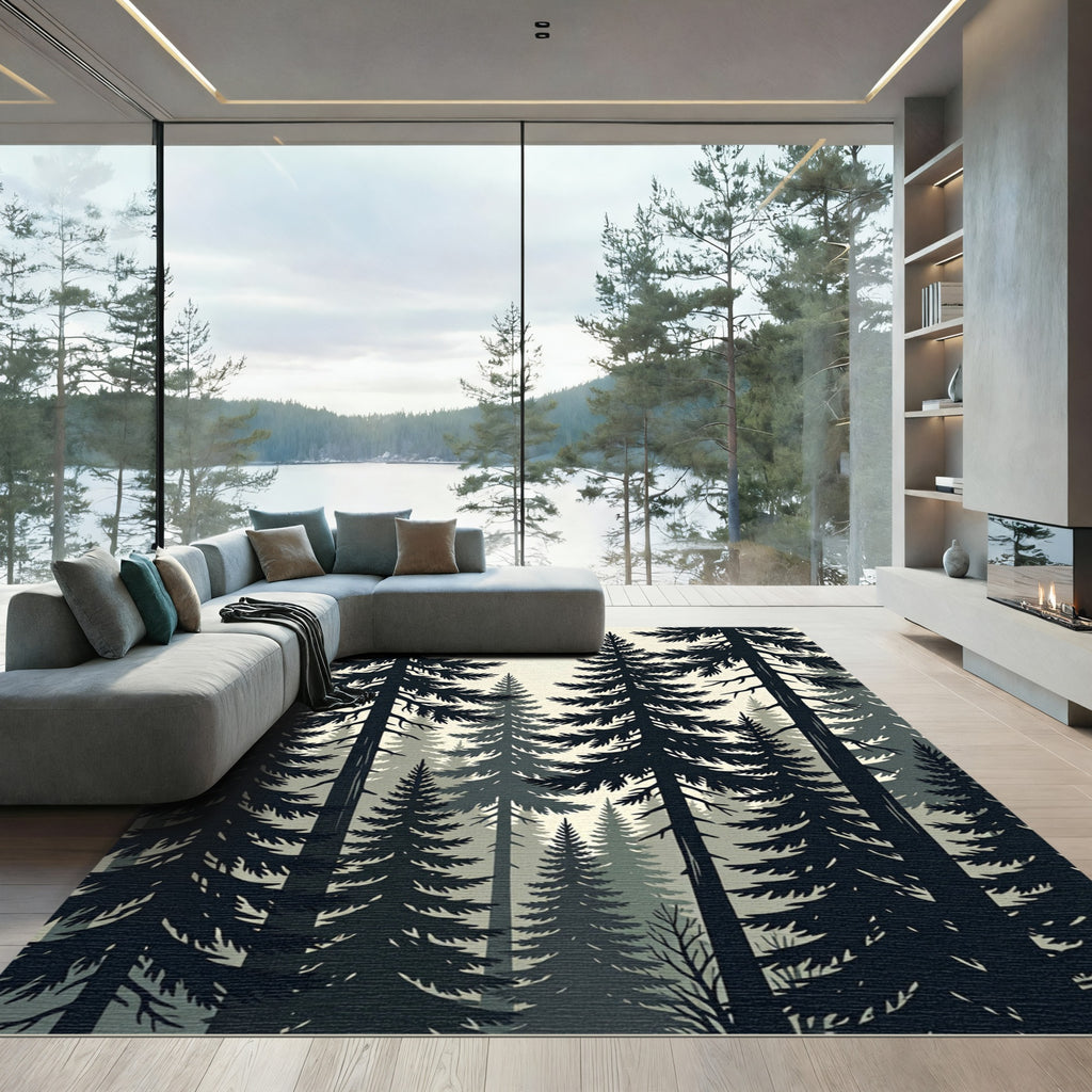 Monochromatic Evergreen Forest Silhouette Tapestry Rug