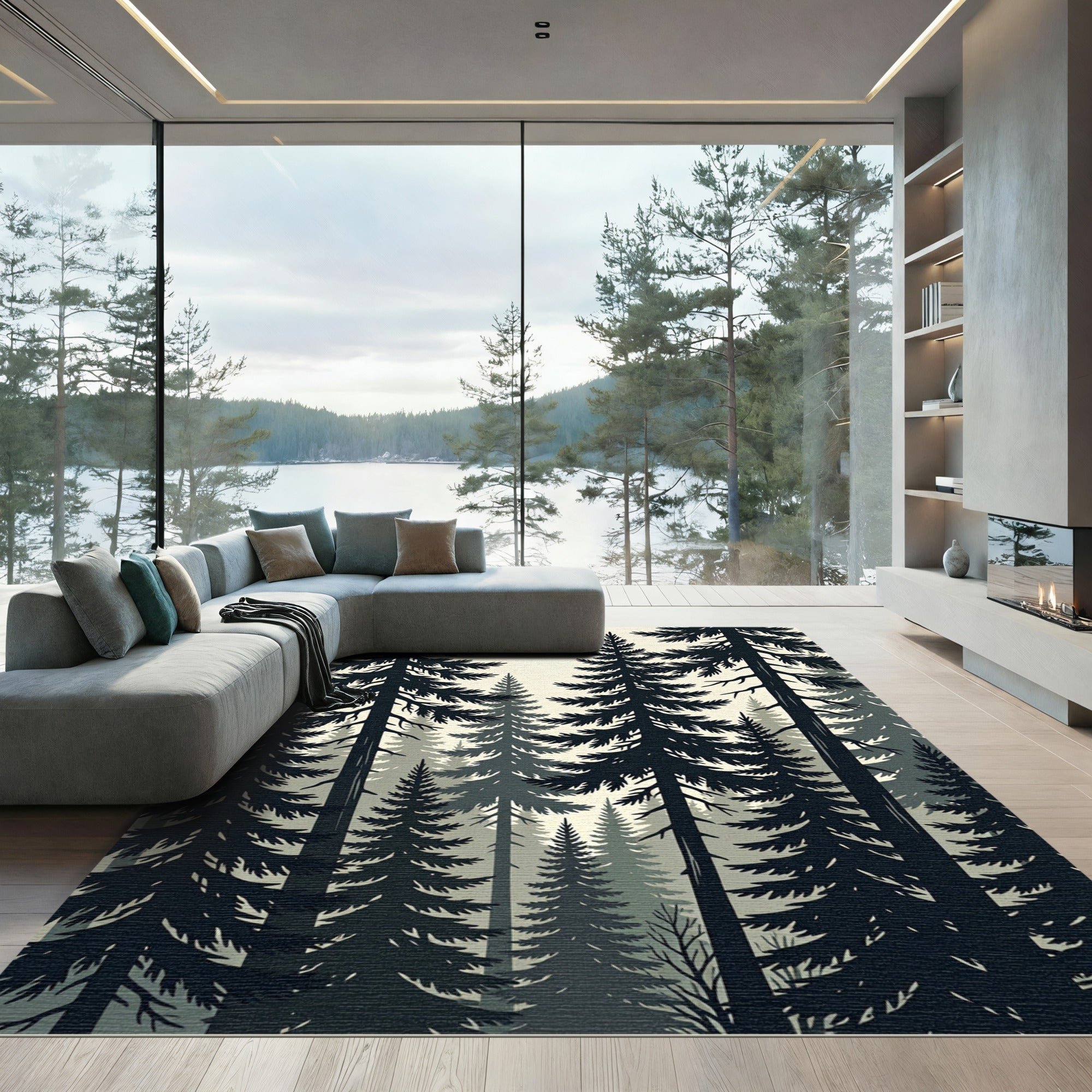 Monochromatic Evergreen Forest Silhouette Tapestry Rug