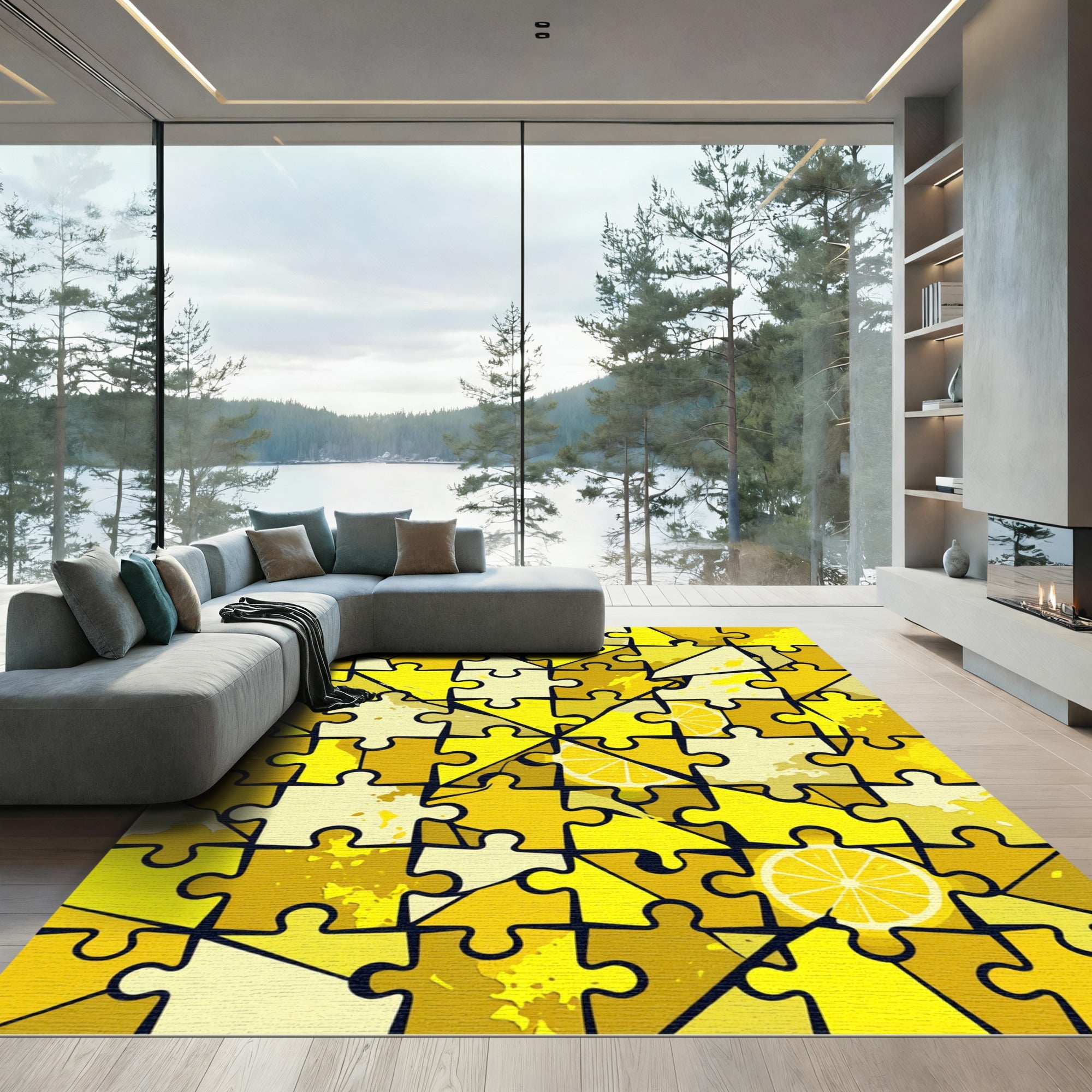 Vibrant Sunny Lemon Slice Jigsaw Mosaic Rug