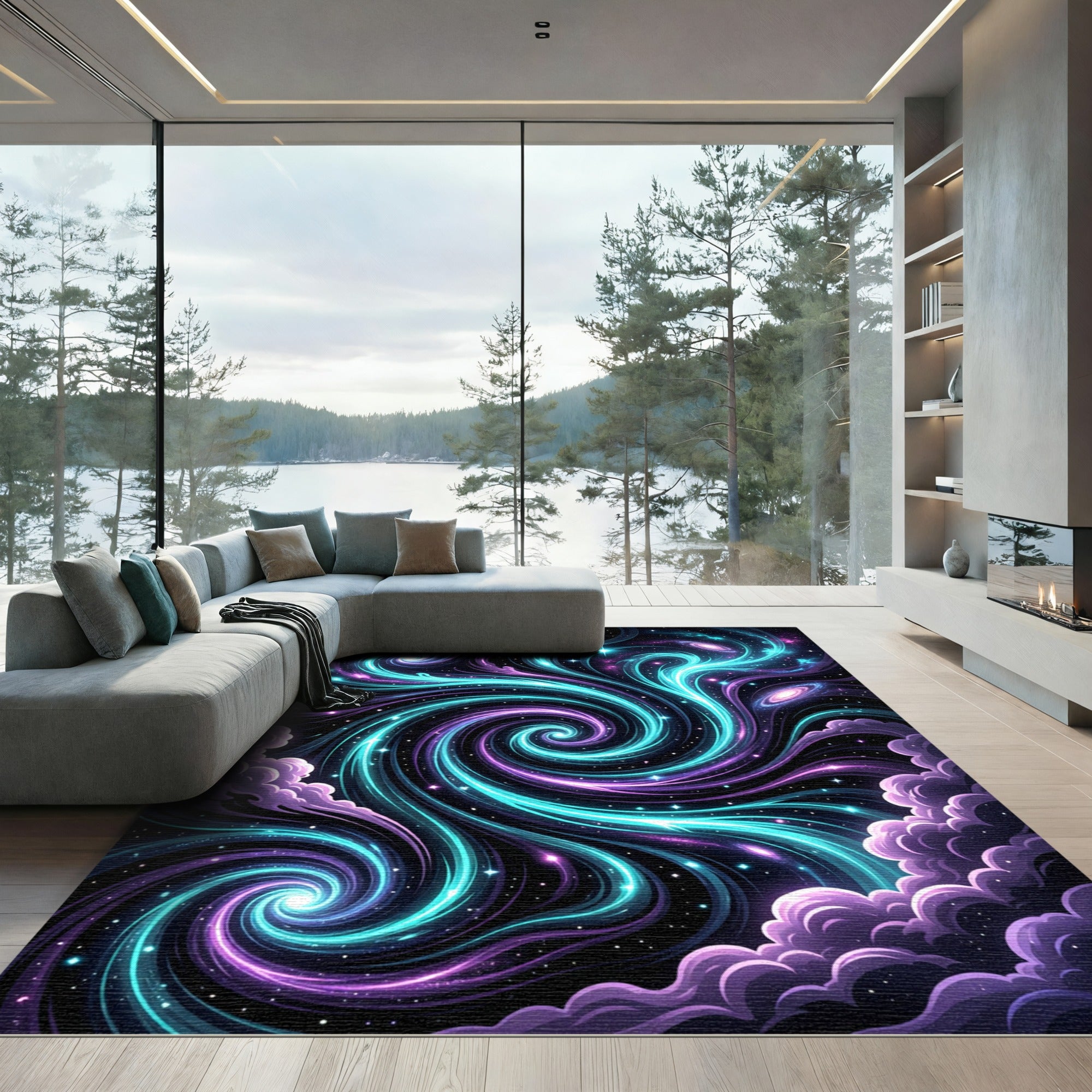 Ethereal Teal and Violet Galactic Spiral Rug