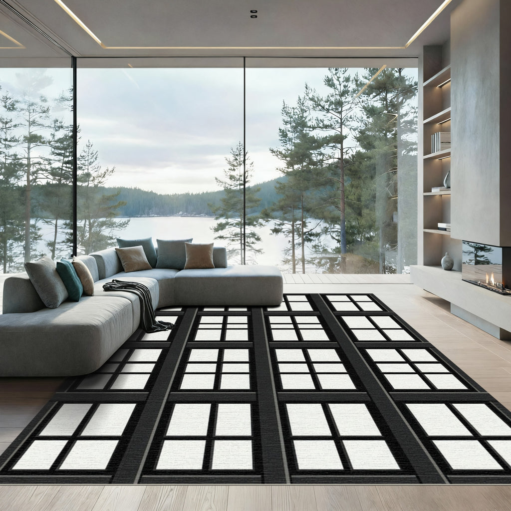 Black Window Pane Geometric Grid Rug