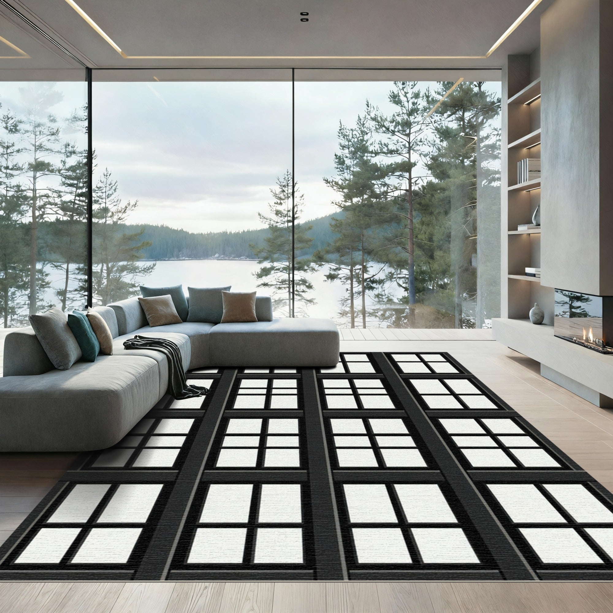 Black Window Pane Geometric Grid Rug