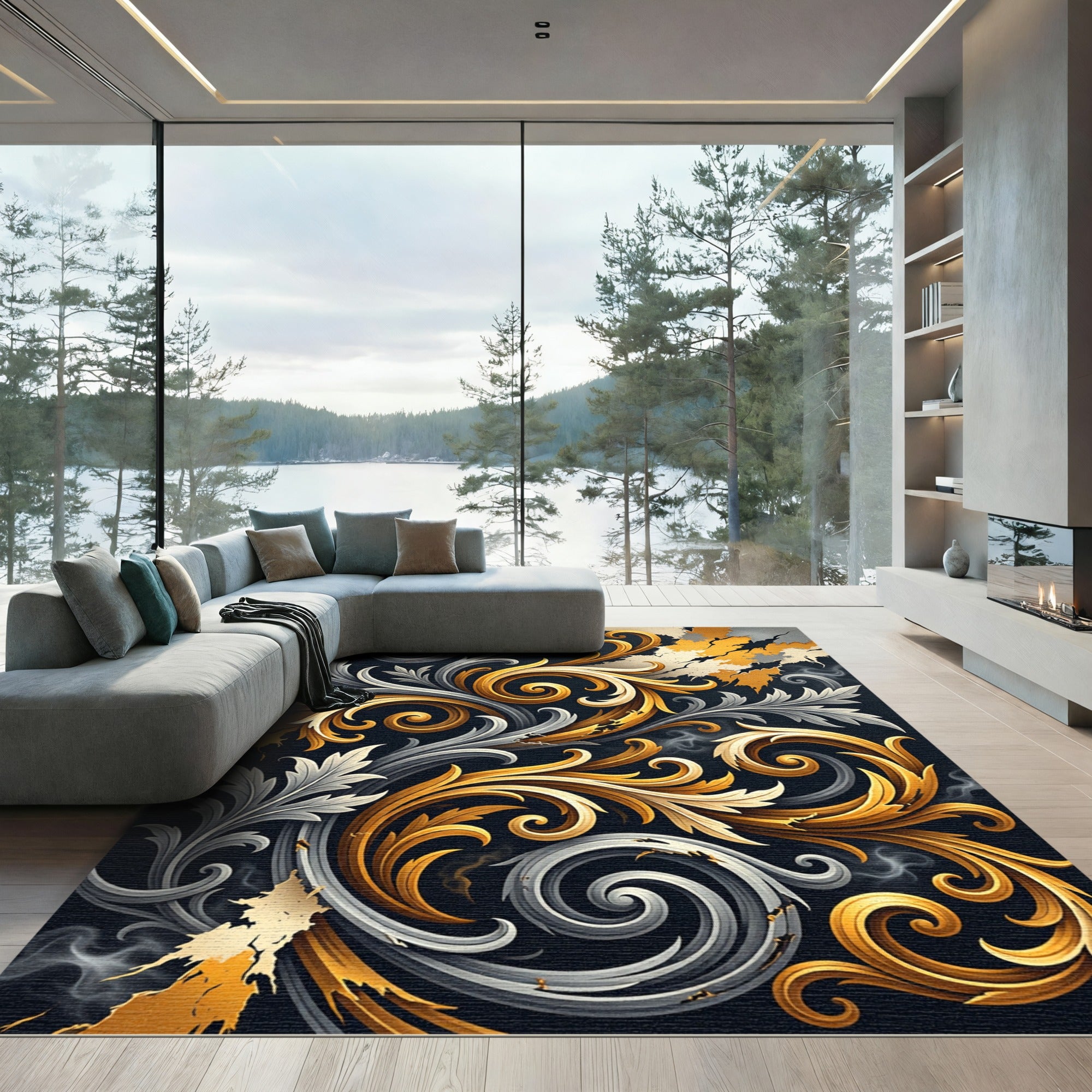Gilded Gold and Silver Baroque Swirl Rug