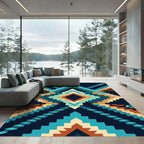 Geometric Staircase Teal Amber Diamond Rug