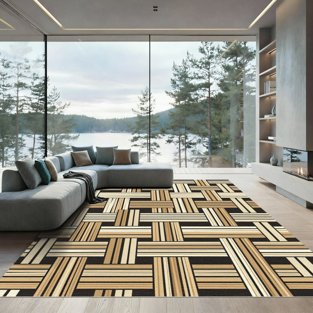 Modern Neutral Woven Bamboo Basketry Rug
