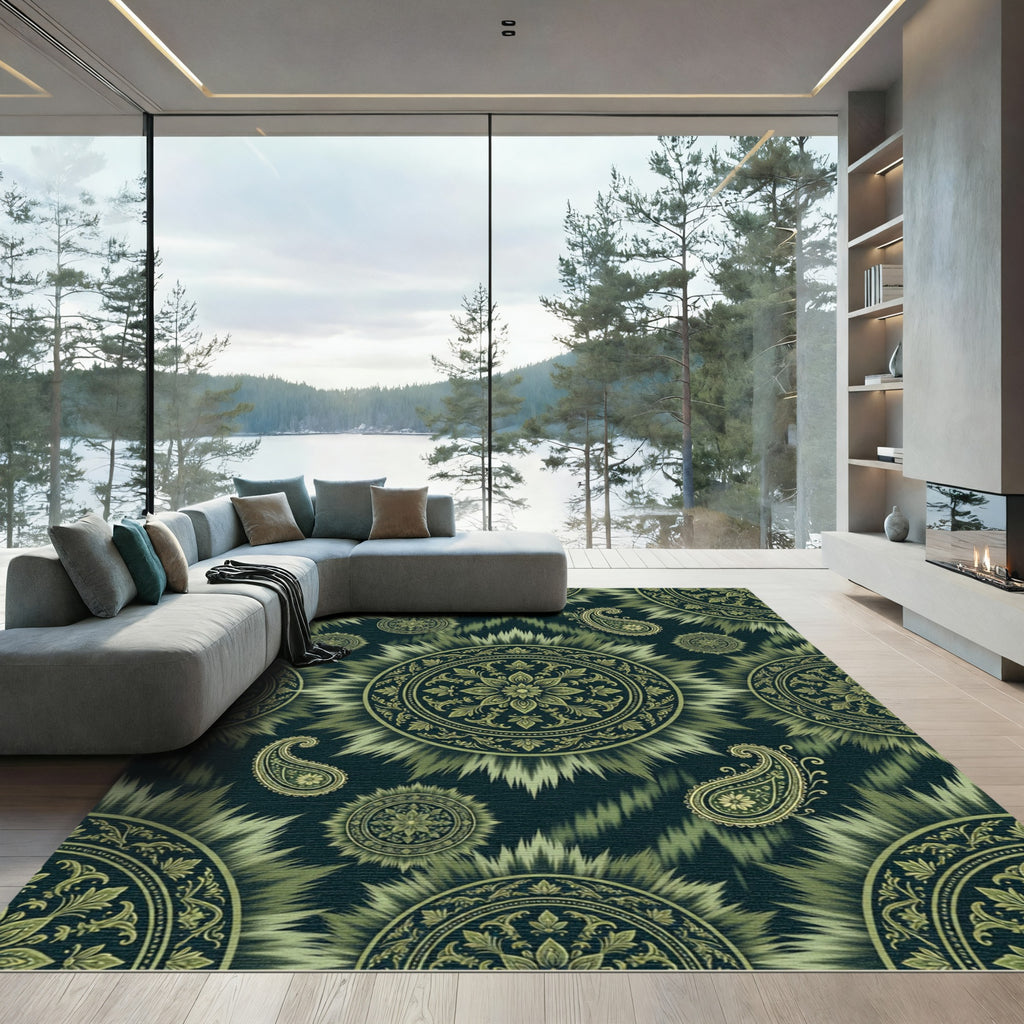 Olive Green Mandalas Paisley Radiance Rug