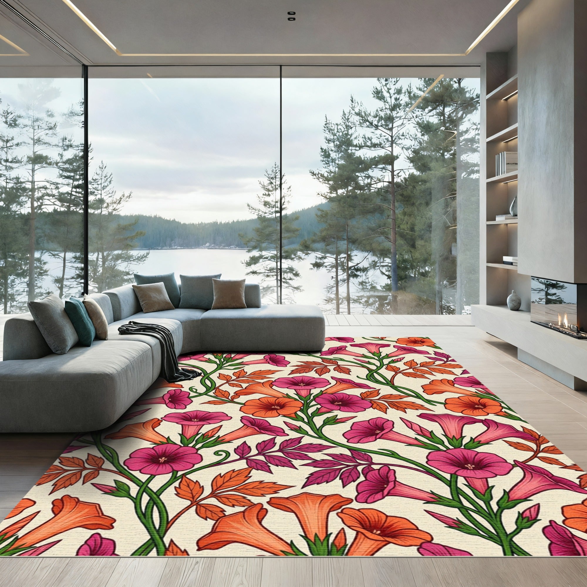 Vibrant Orange and Magenta Trumpet Vine Rug