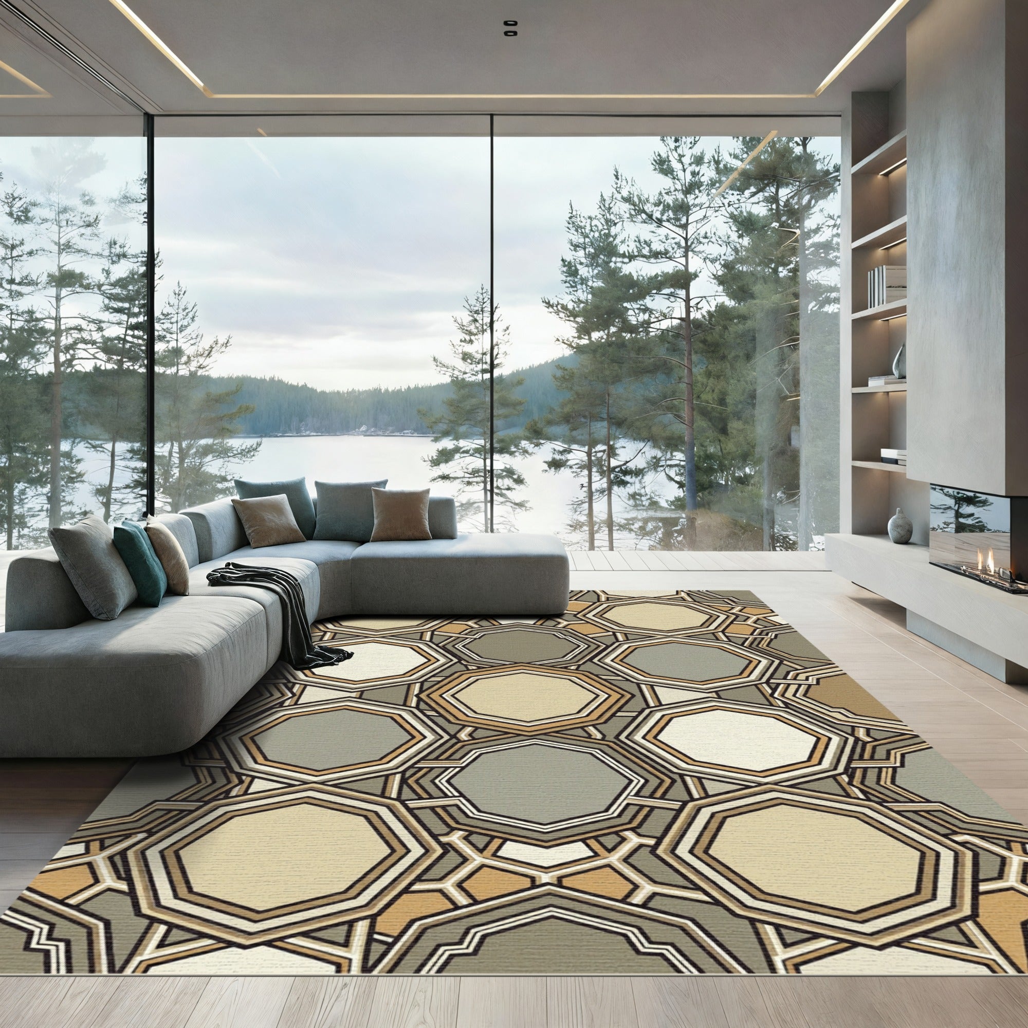 Geometric Taupe Octagon Mosaic Rug