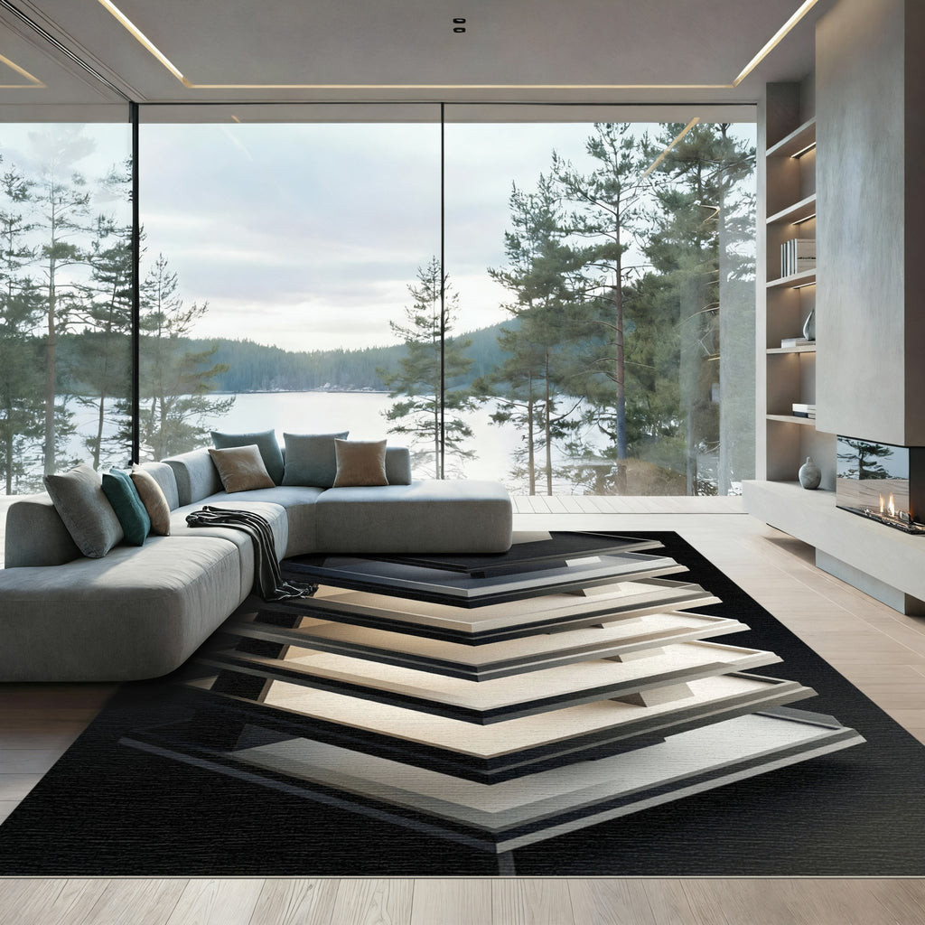 Monochrome Abstract Geometric Layers Rug