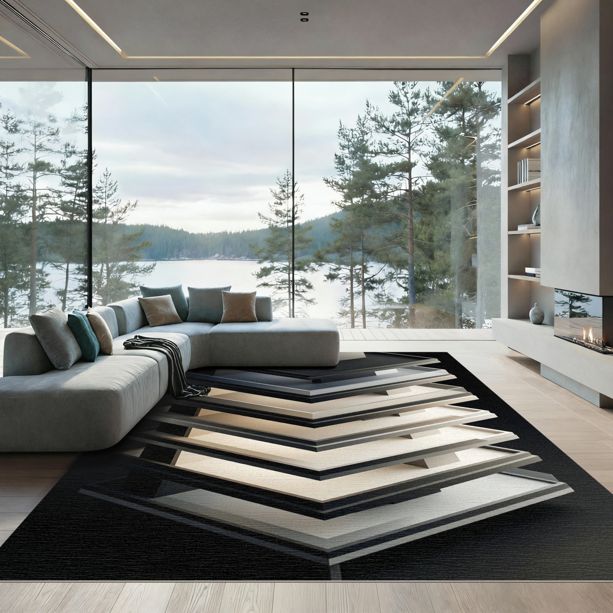 Monochrome Abstract Geometric Layers Rug