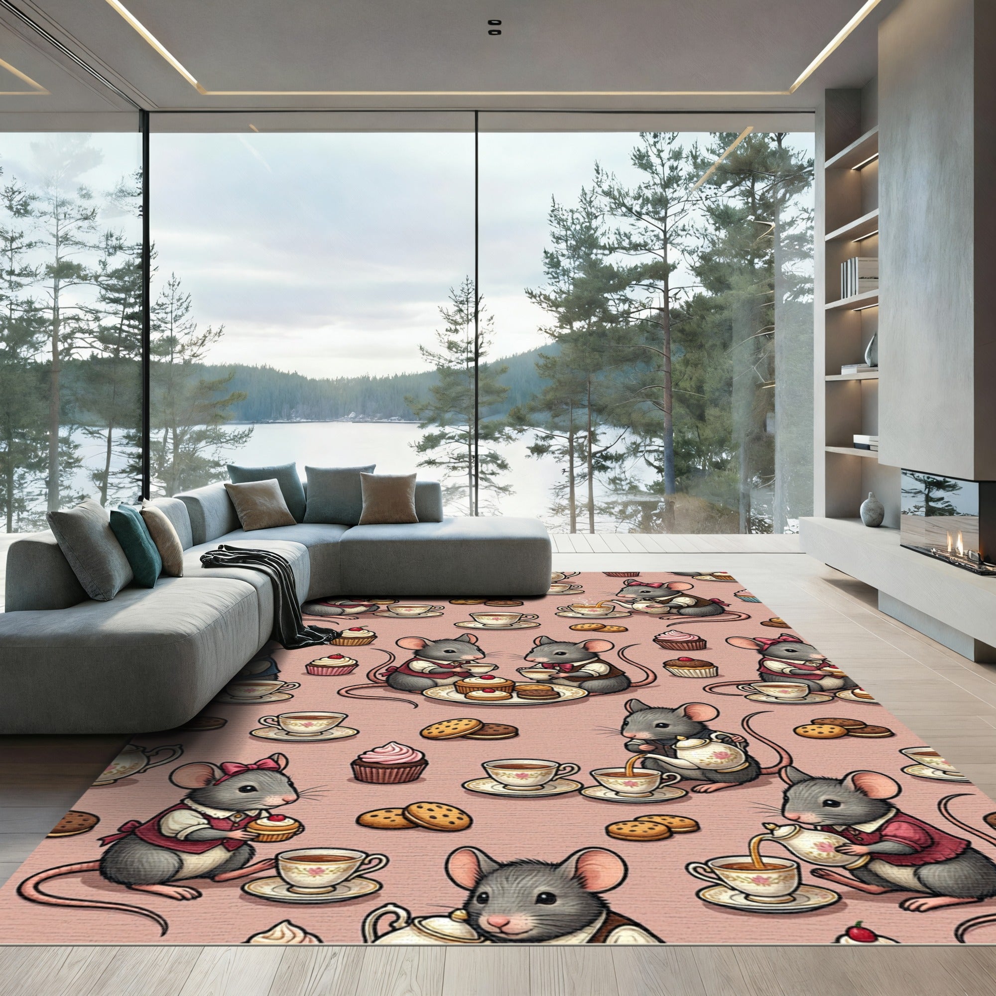 Whimsical Pink Tea Party Mouse Illustration Rug