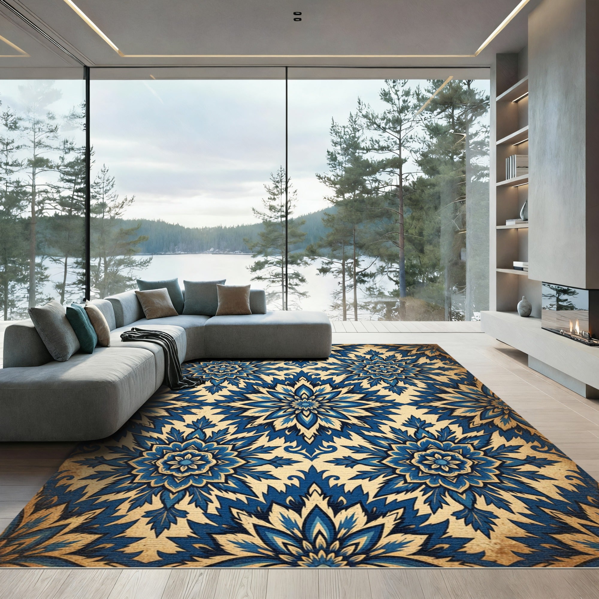 Vivid Blue Floral Starburst Medallion Rug