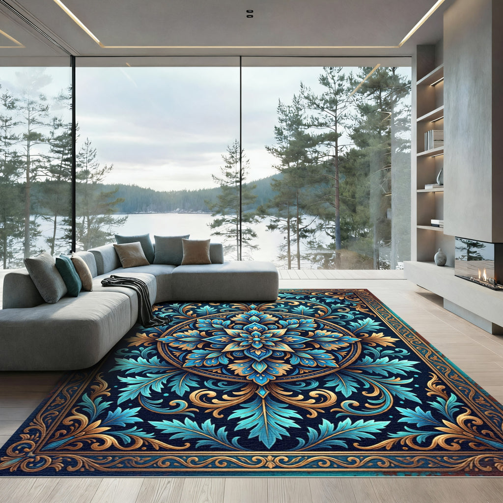 Luxurious Teal and Gold Floral Medallion Rug