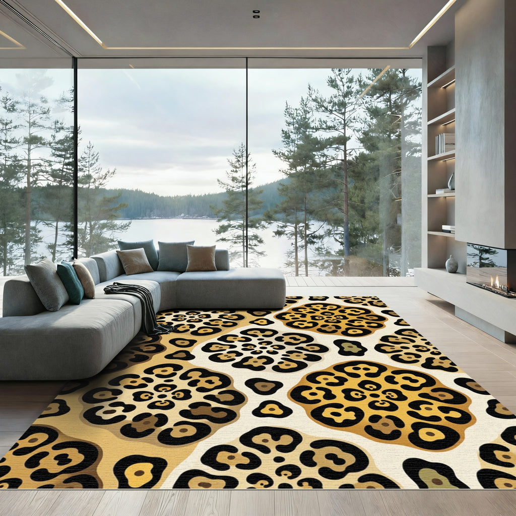 Bold Golden Leopard Spot Floral Medallion Rug