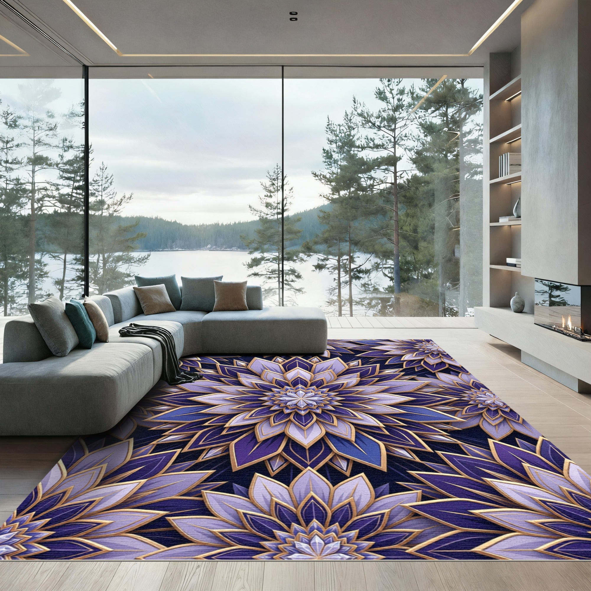 Elegant Amethyst Lotus Floral Medallion Rug