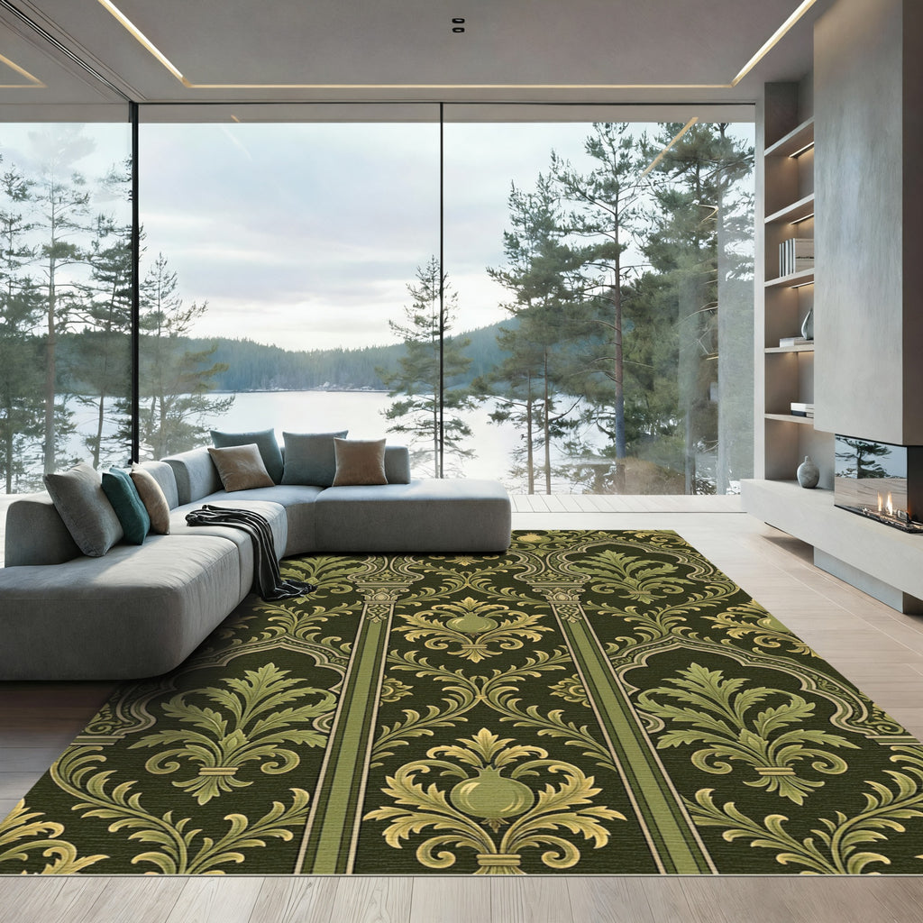 Olive Green Arabesque Pomegranate Scroll Rug