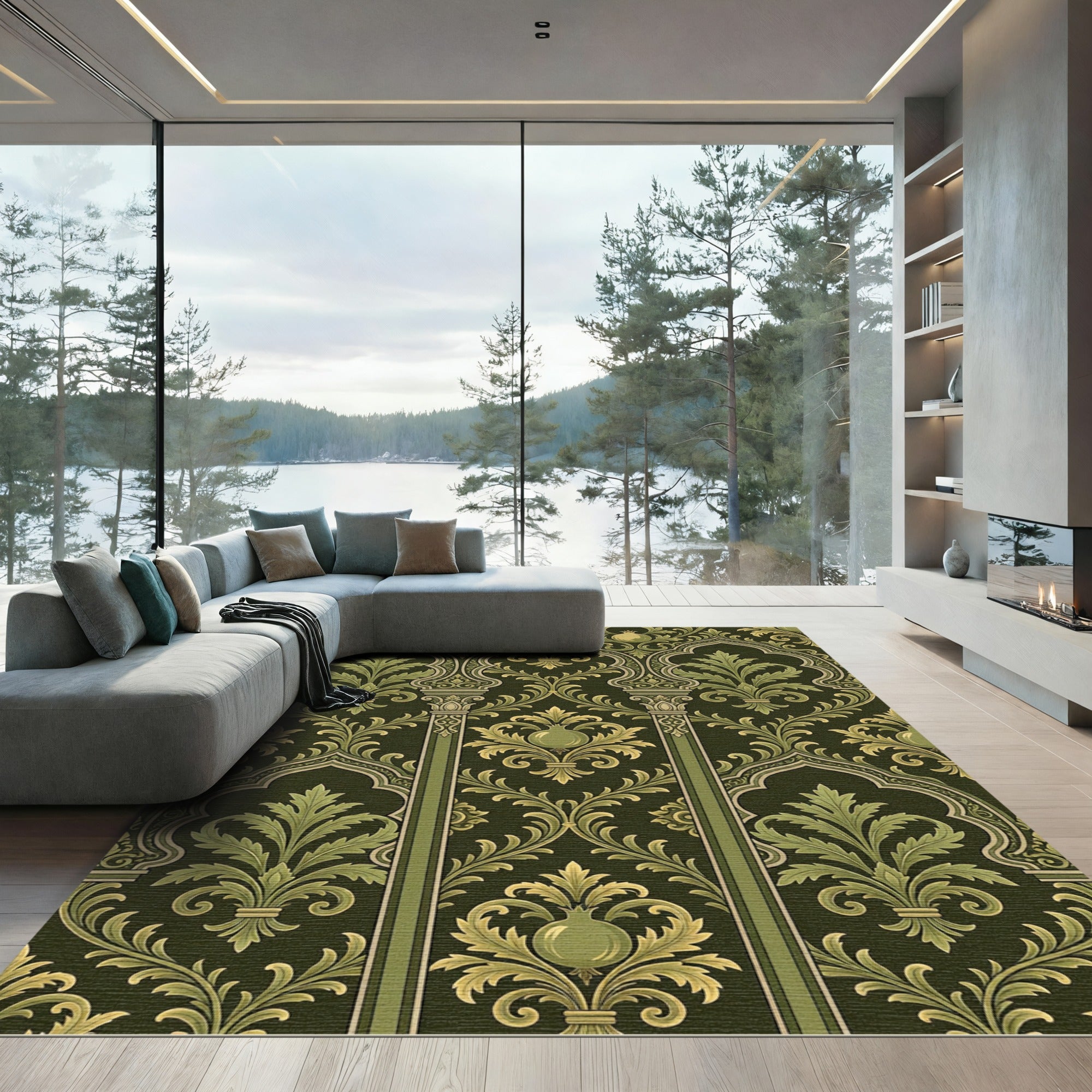 Olive Green Arabesque Pomegranate Scroll Rug