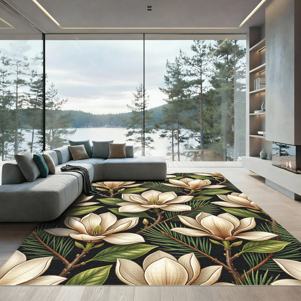 Cream Magnolia Branches Against Black Rug
