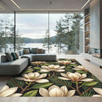 Cream Magnolia Branches Against Black Rug