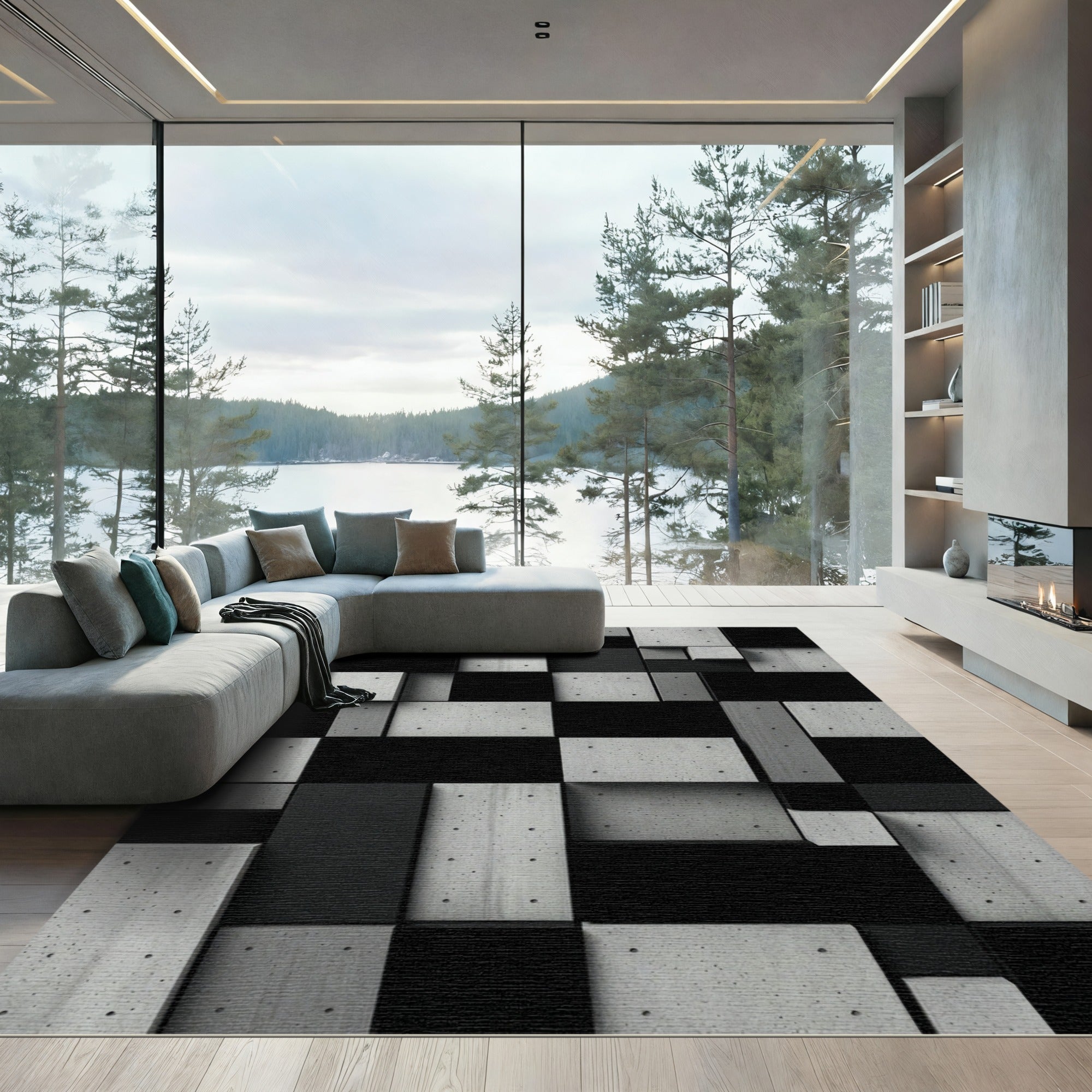 Monochrome Concrete Block Abstract Geometric Wall Rug