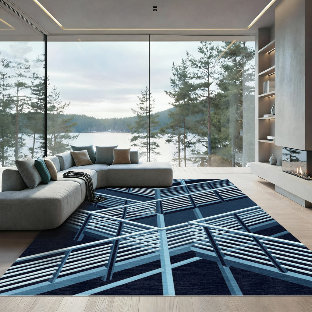 Modern Isometric Blue Architectural Lattice Rug