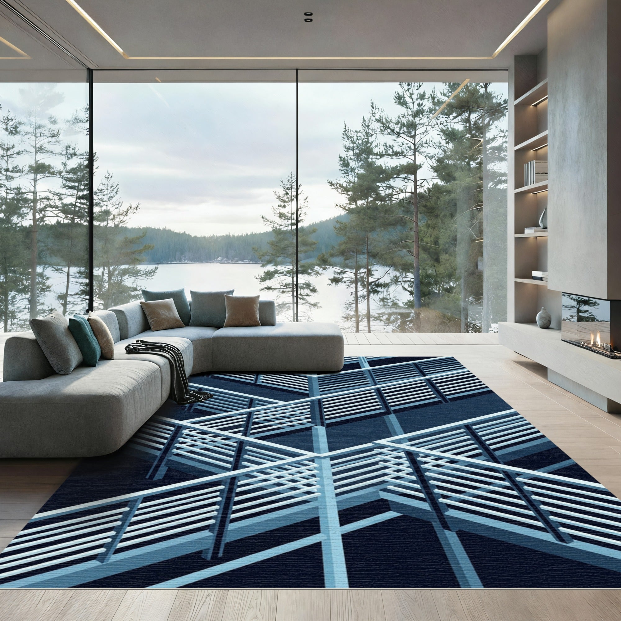 Modern Isometric Blue Architectural Lattice Rug