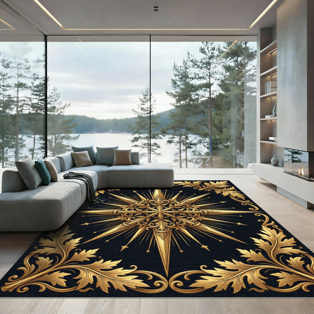 Ornate Golden Compass Star Medallion Rug