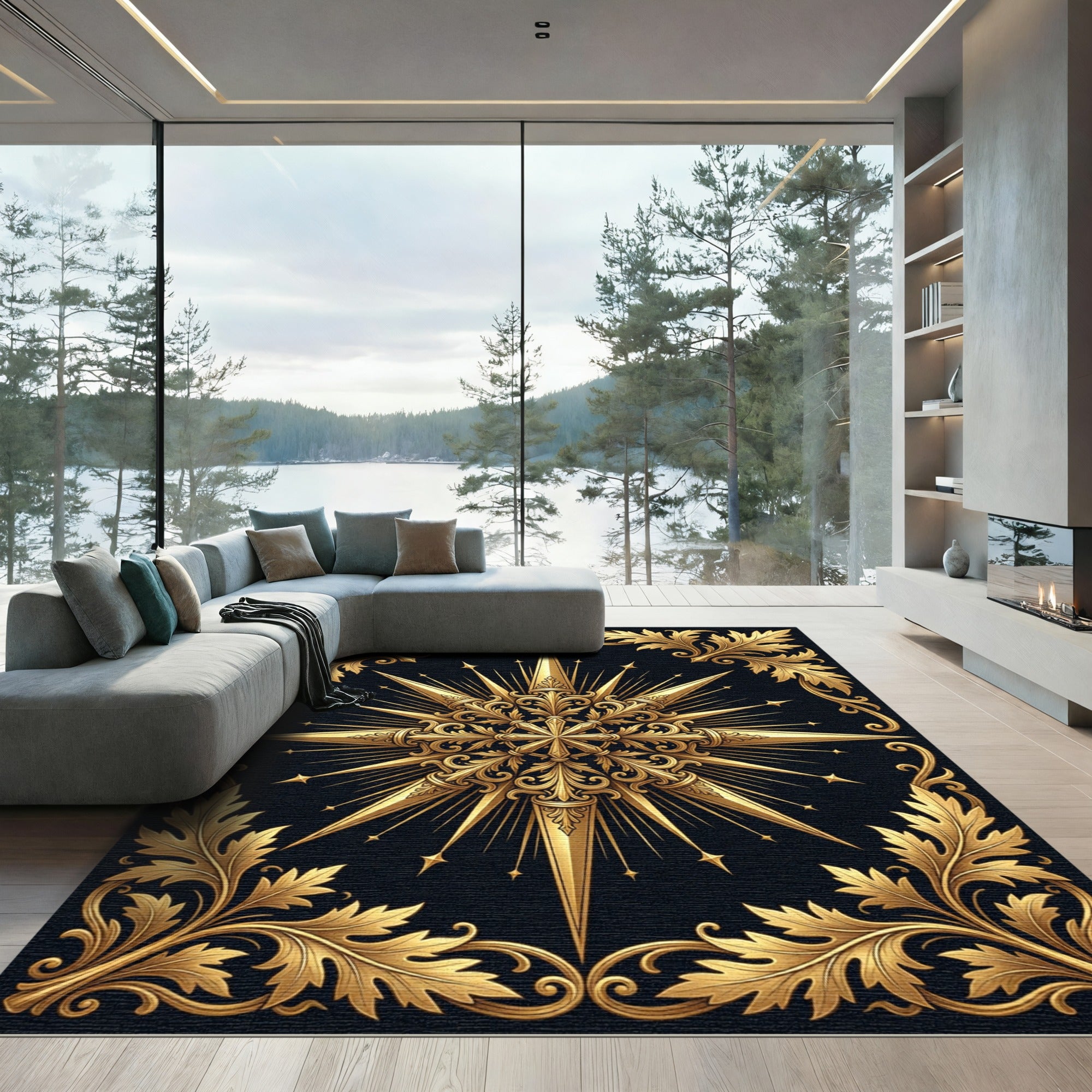 Ornate Golden Compass Star Medallion Rug