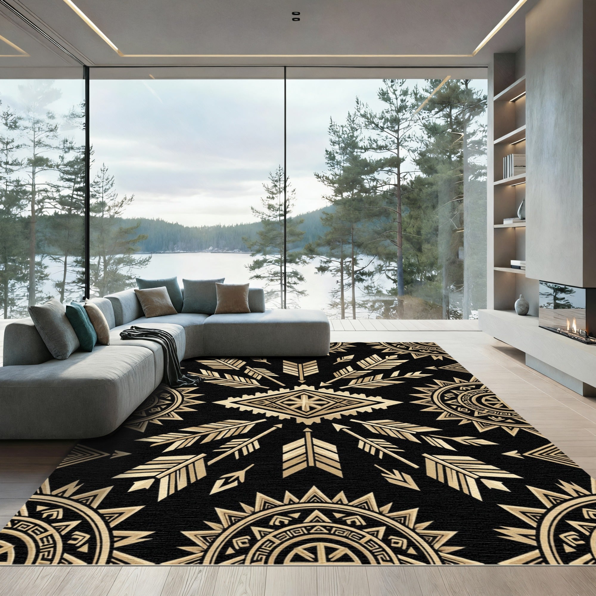 Gold Arrow Geometric Ancestral Black Tapestry Rug
