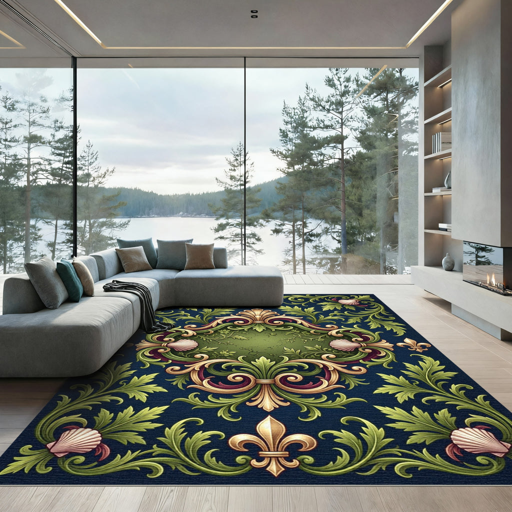 Ornate Fleur de Lis Shell Scrollwork Rug