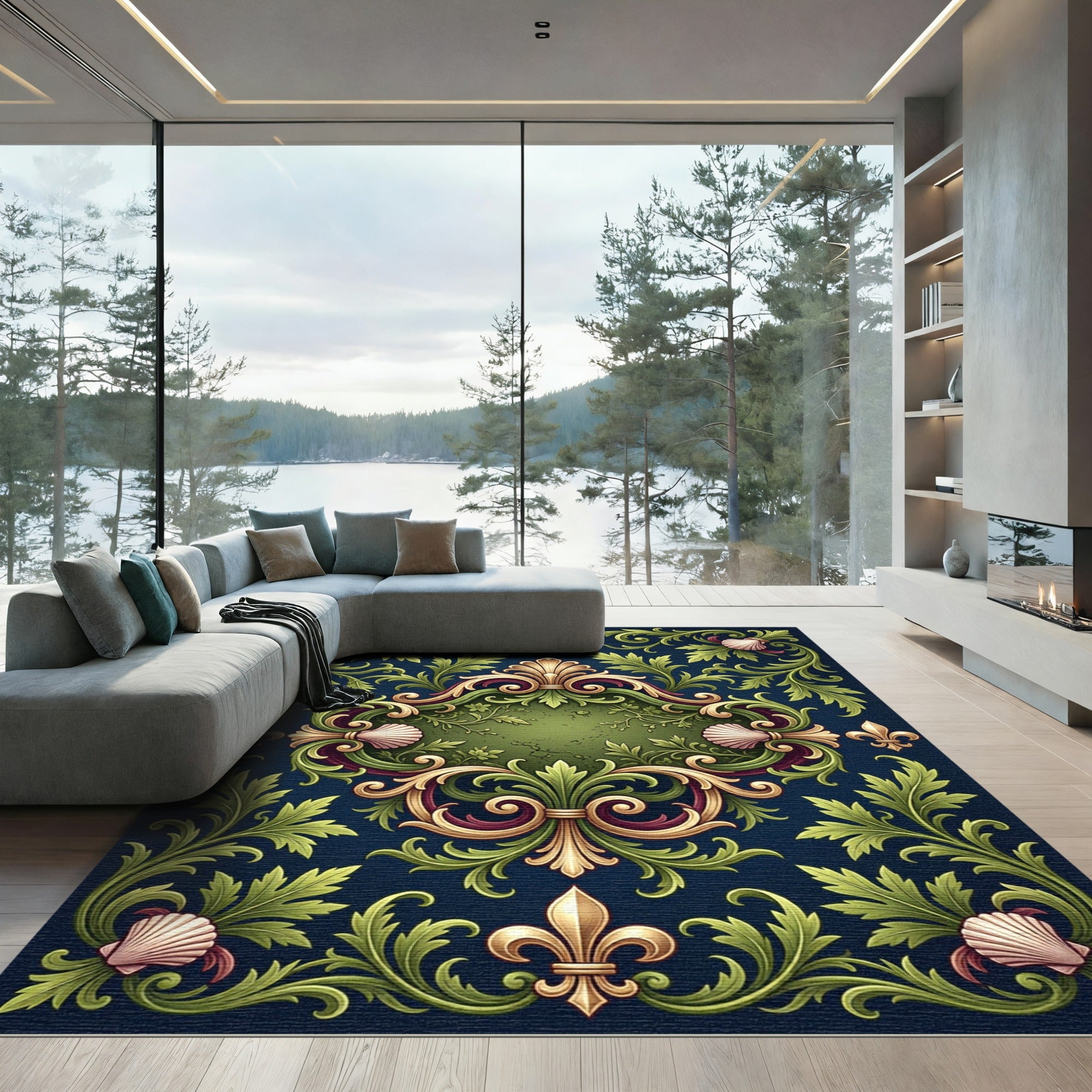 Ornate Fleur de Lis Shell Scrollwork Rug