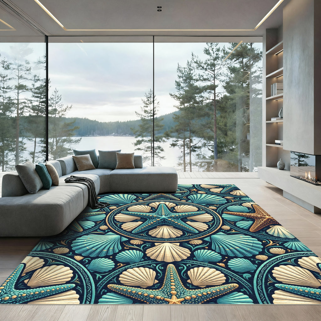 Teal Starfish and Seashell Ocean Medallion Rug