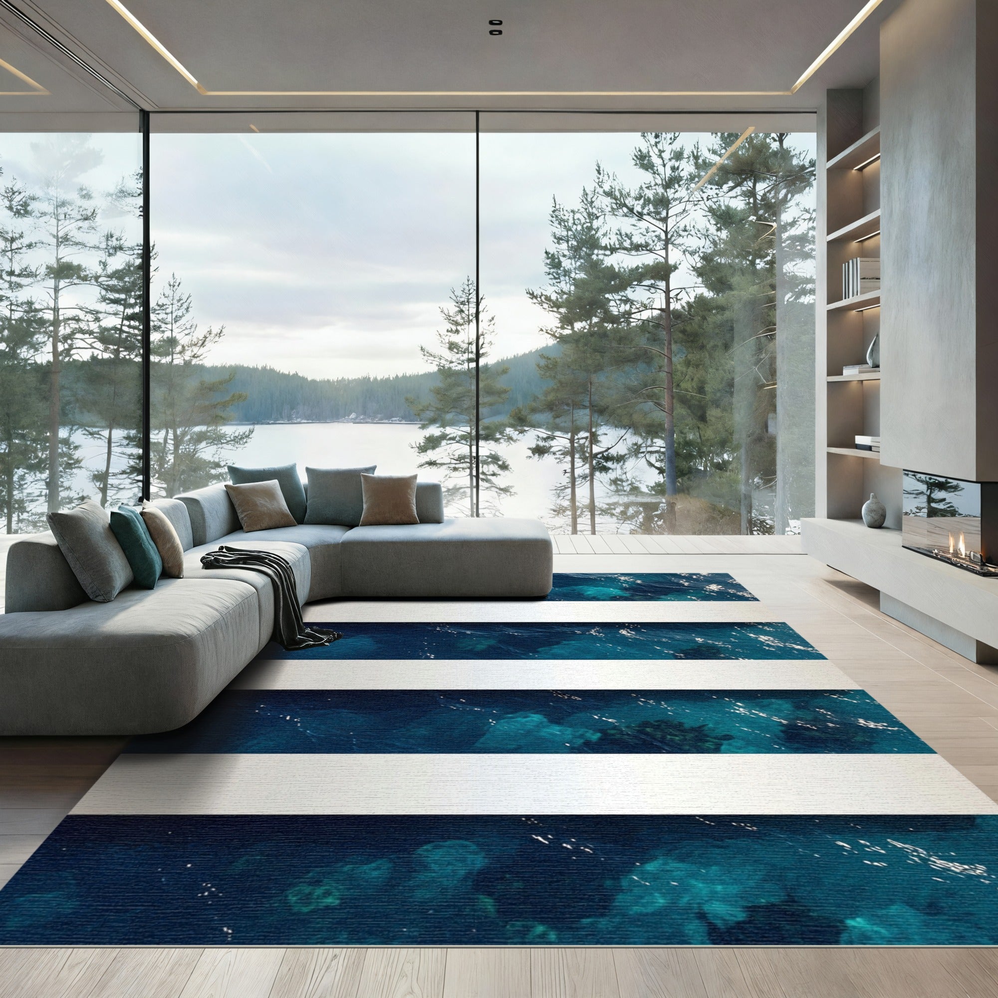 Deep Blue Oceanic Horizontal Stripe Rug