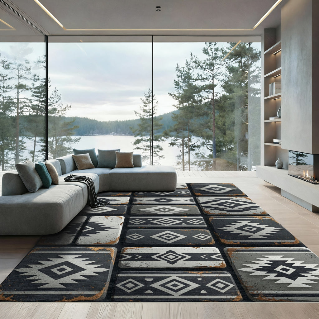 Gray Tribal Diamond Geometric Rug