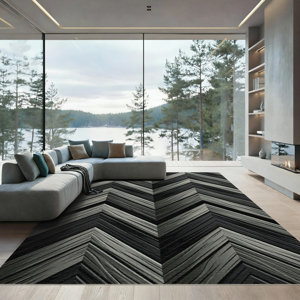 Dark Gray Wood Grain Chevron Rug