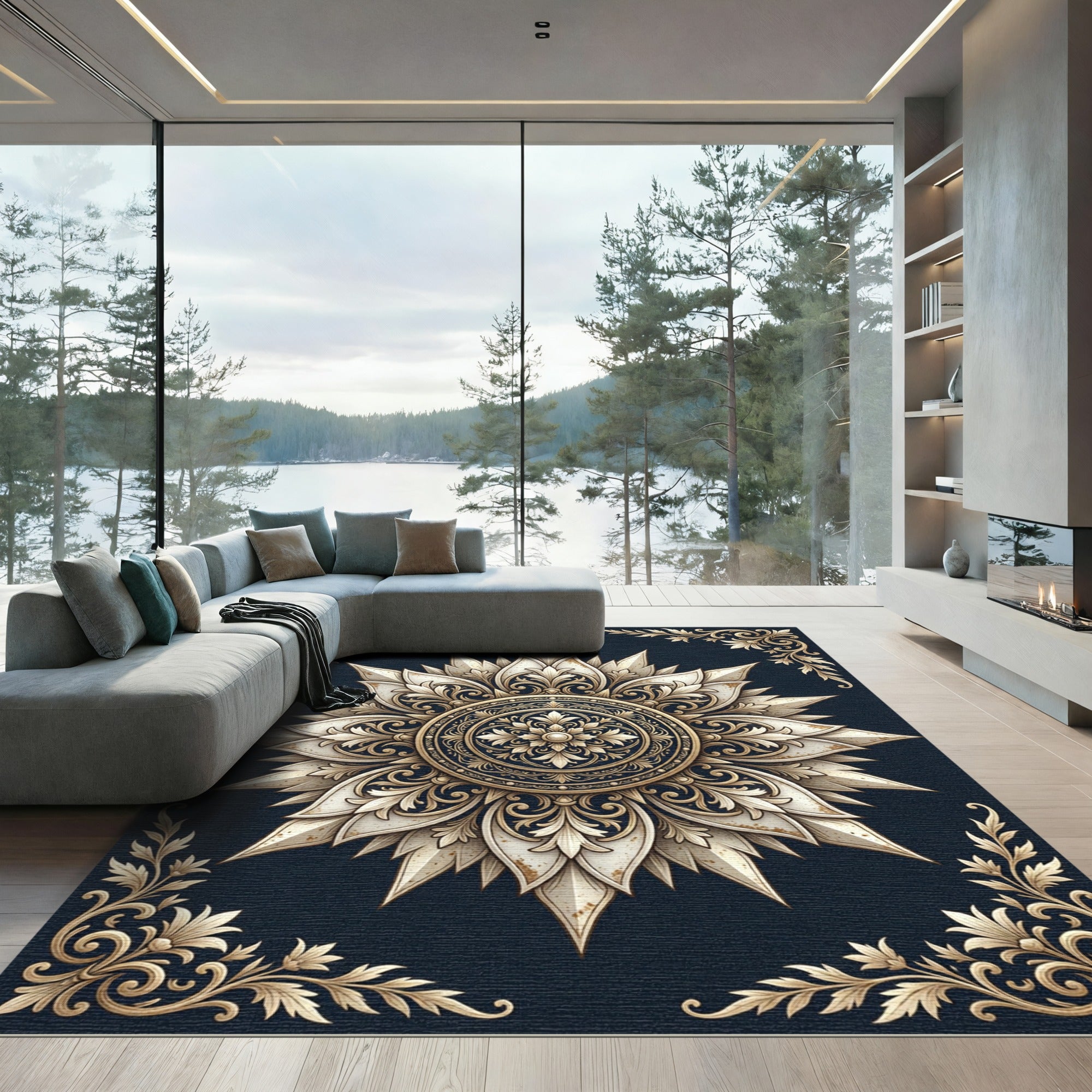 Elegant Gold Navy Ornate Floral Medallion Rug