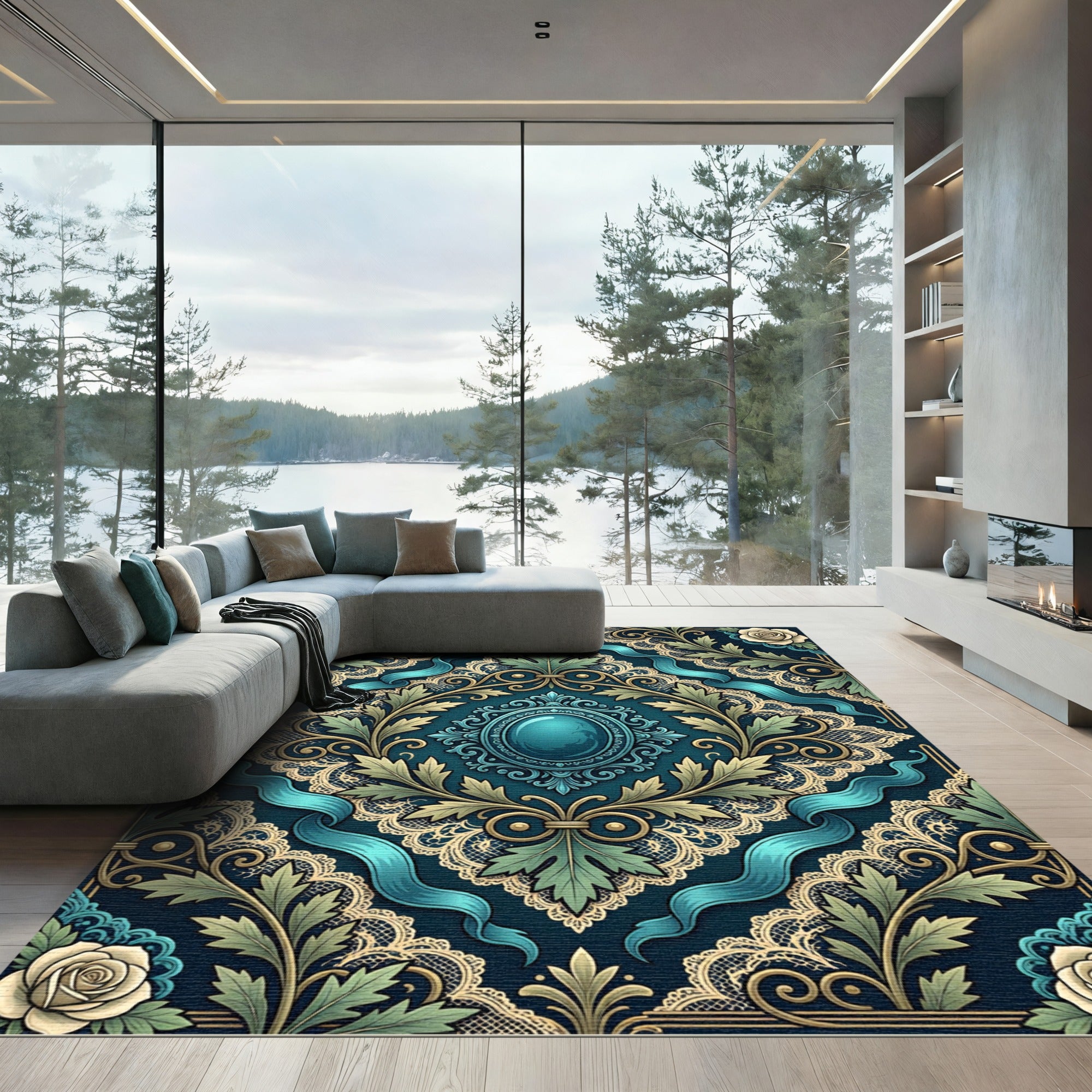 Ornate Teal Victorian Rose Damask Rug