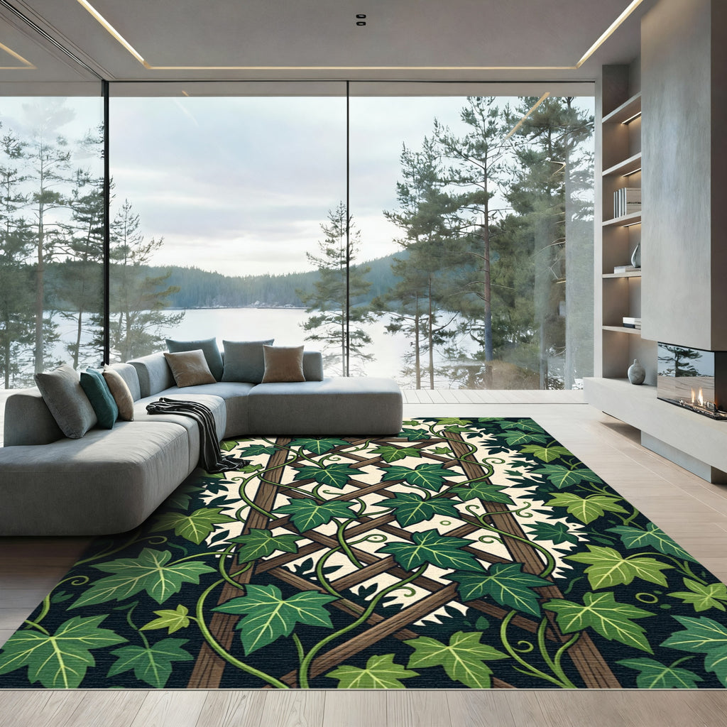 Lush Green Climbing Ivy Trellis Rug