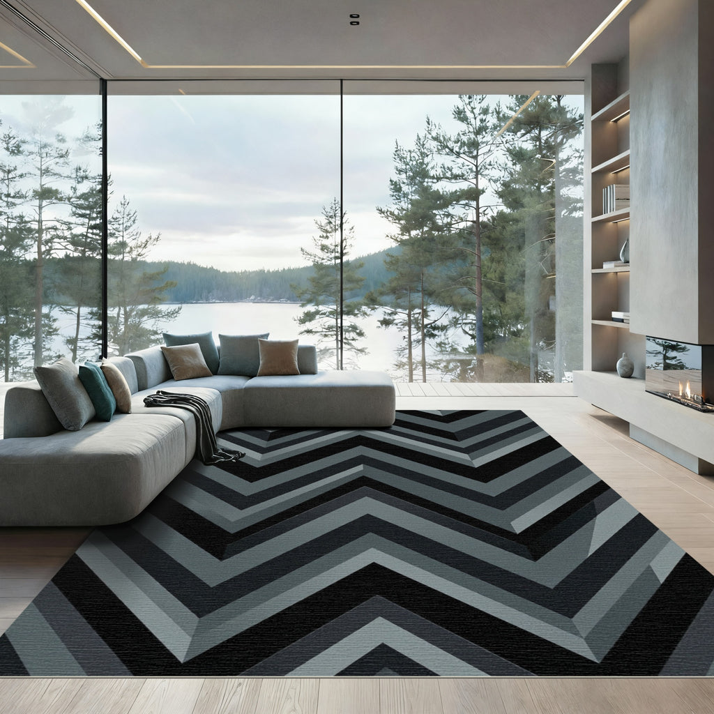 Modern Dark Gray Geometric Chevron Rug