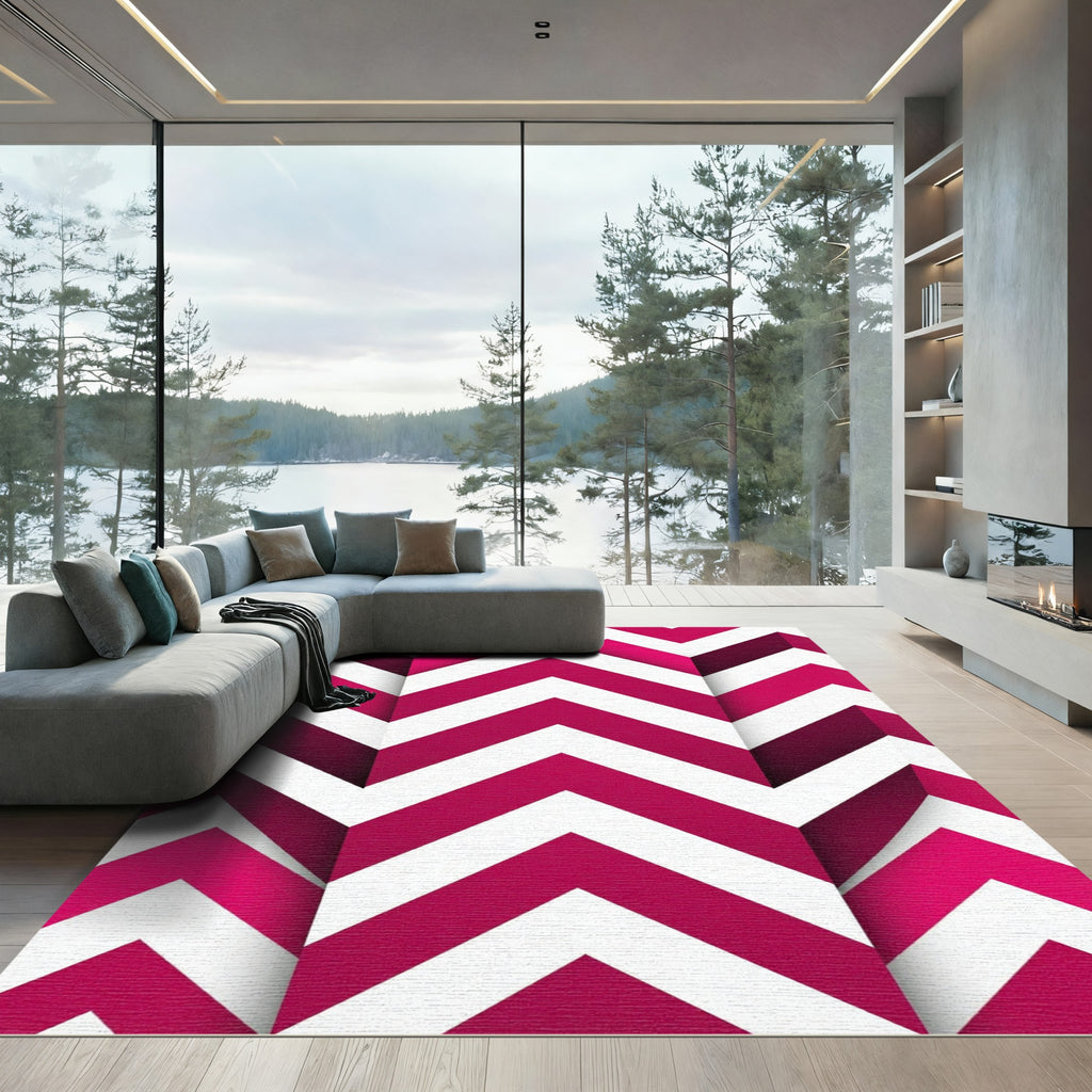 Modern Magenta Geometric Chevron Stripe Rug