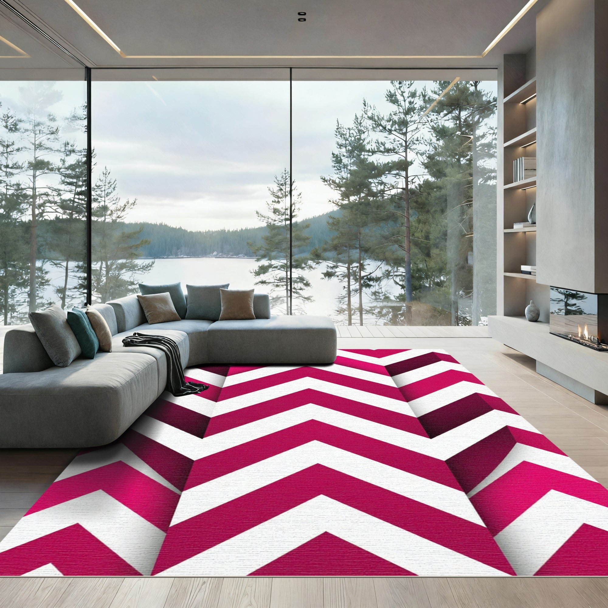 Modern Magenta Geometric Chevron Stripe Rug