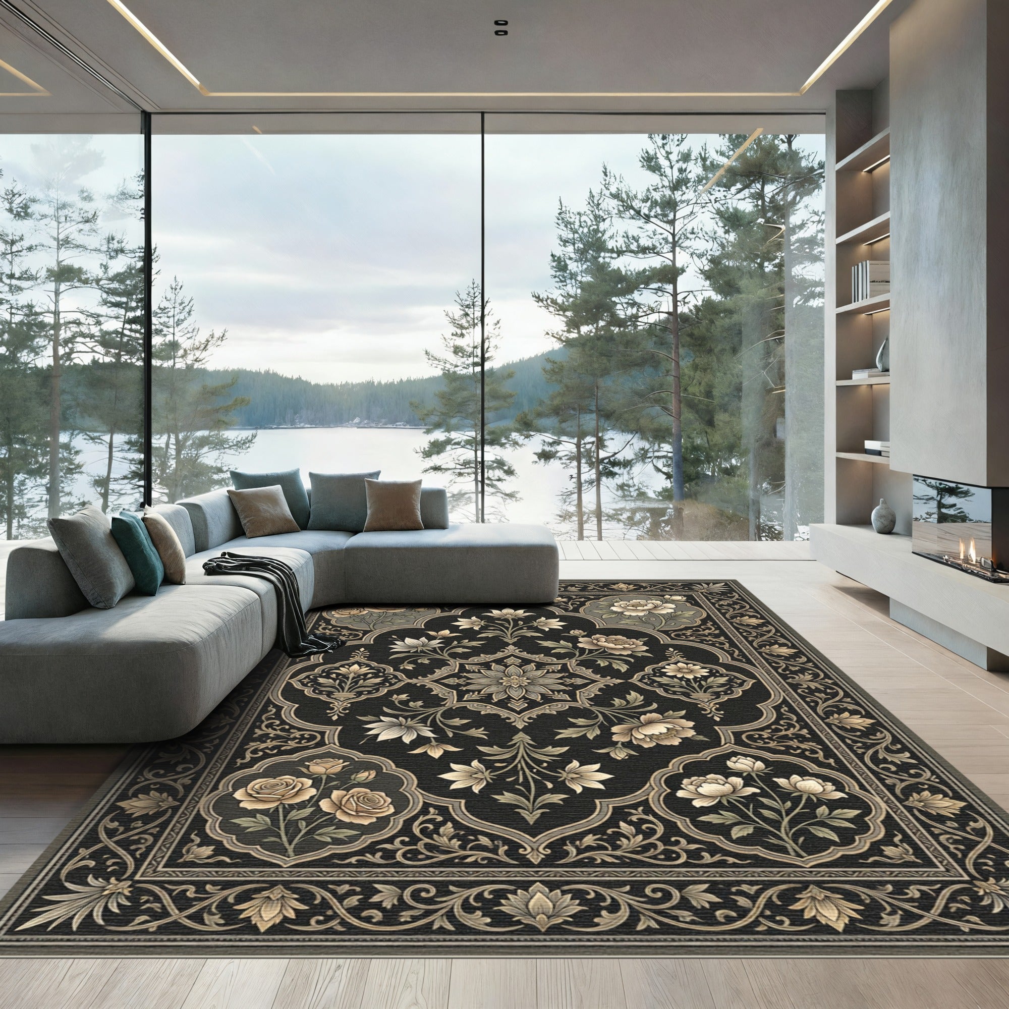 Muted Beige Floral Medallion Frame Rug