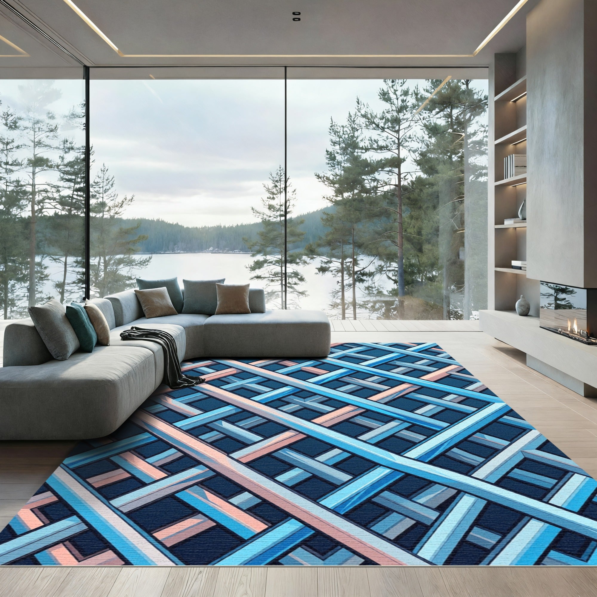 Modern Geometric Blue Pink Interwoven Grid Rug