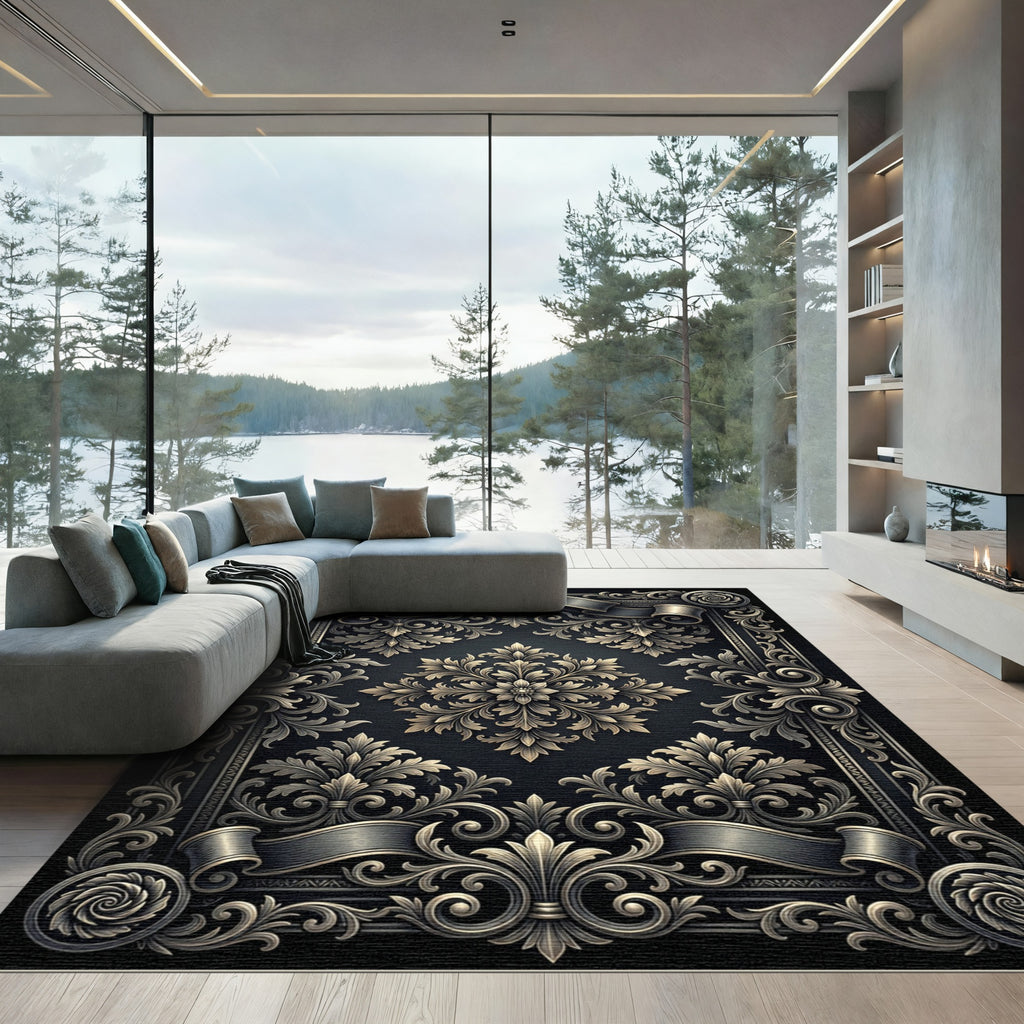 Ornate Antique Gold Floral Scroll Rug