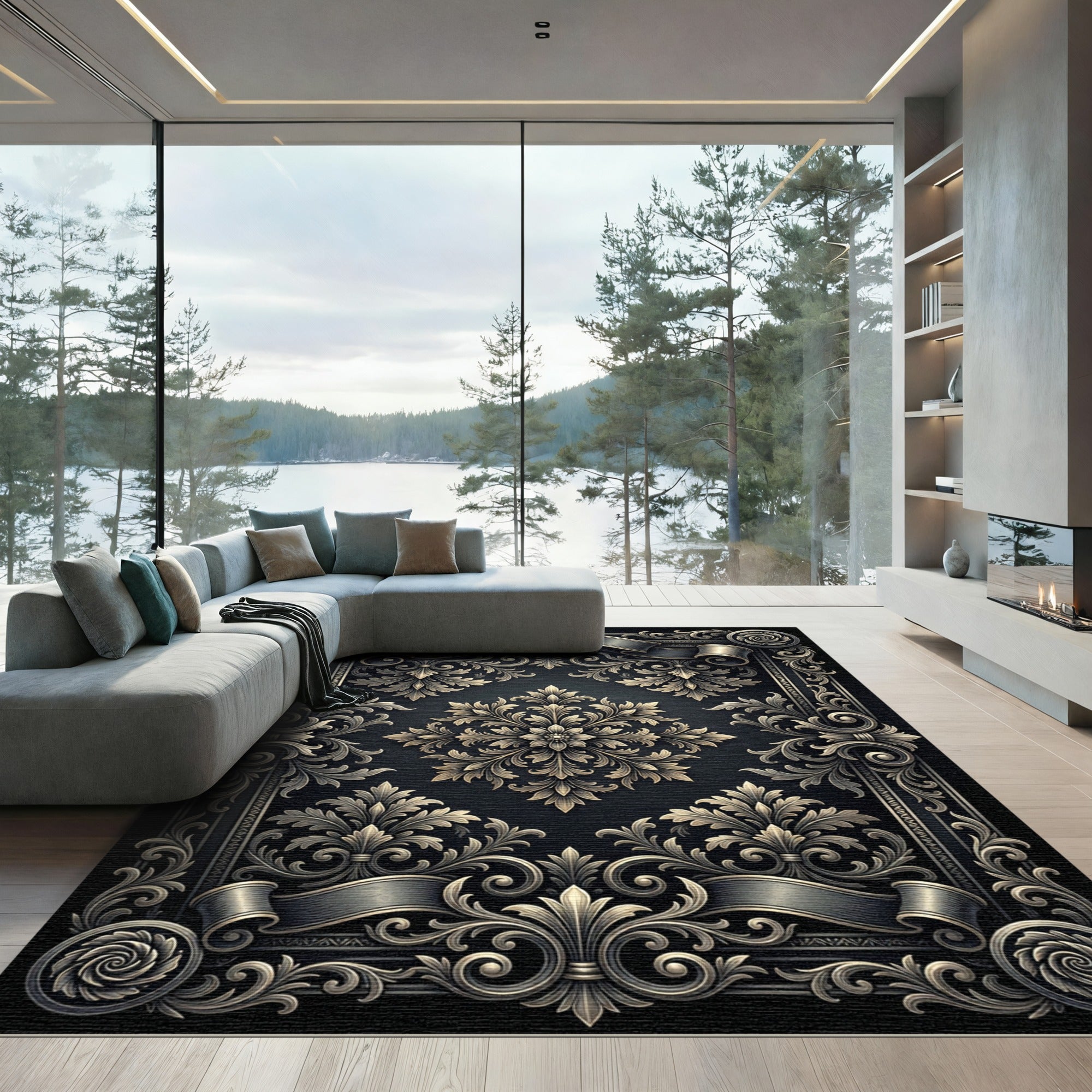 Ornate Antique Gold Floral Scroll Rug