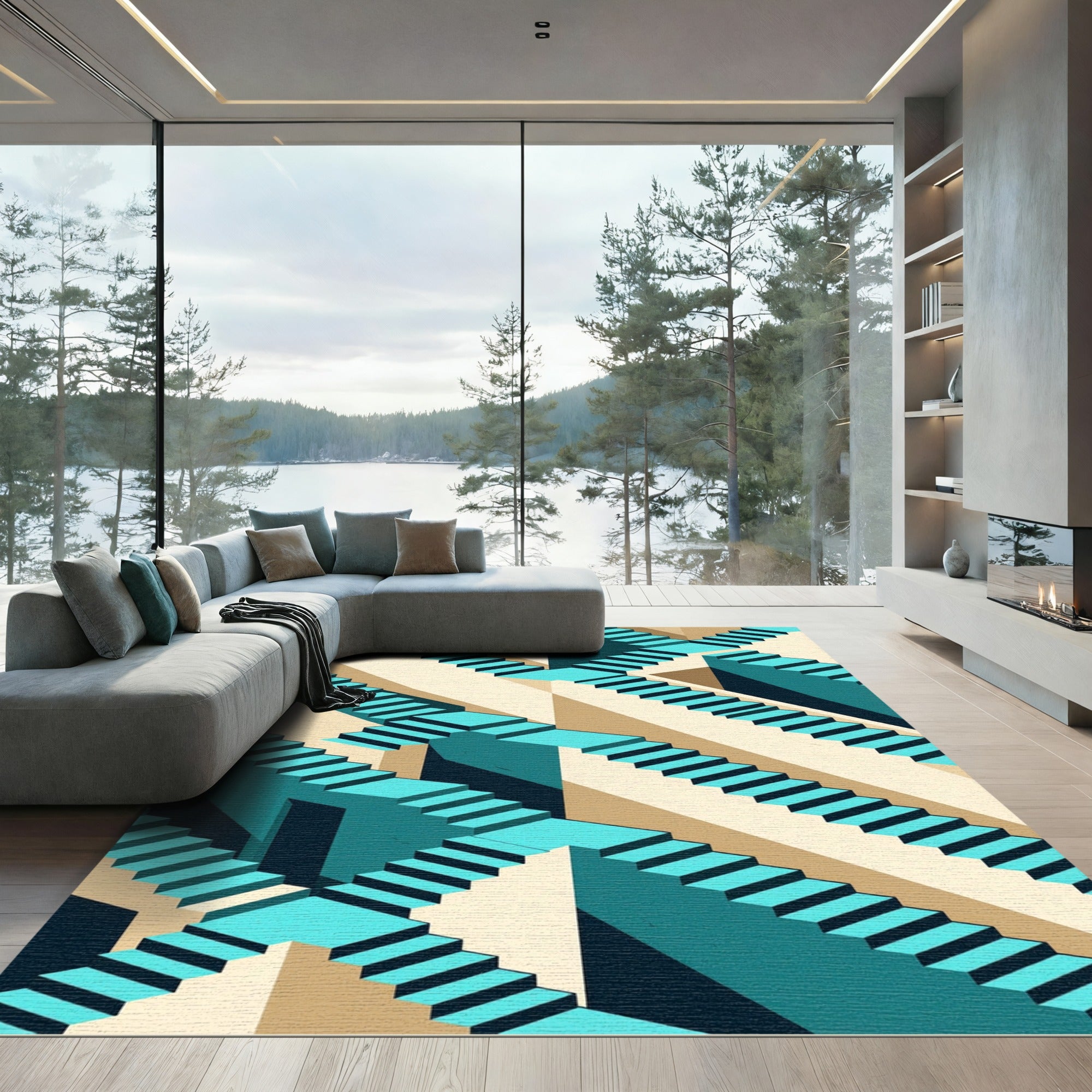 Geometric Teal Escher Staircase Illusion Rug