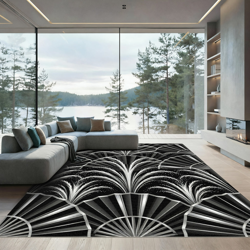 Art Deco Black Silver Fan Fountain Rug