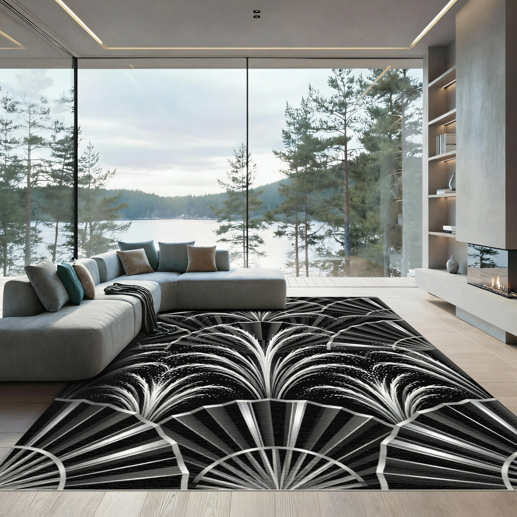 Art Deco Black Silver Fan Fountain Rug